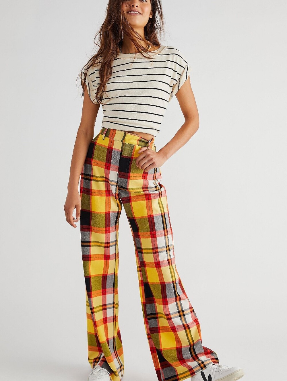 FREE PEOPLE Plaid Jules Pants Yellow Orange  Size 2 Retro Groovy